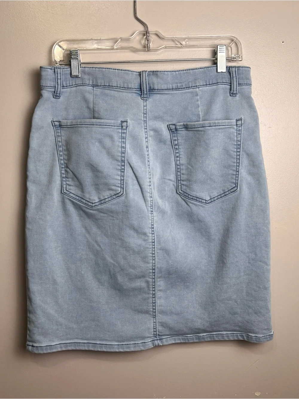 32 Degrees Cool Denim Skirt Sz 10 Blue Light Wash Stretch Casual Knee Length EUC